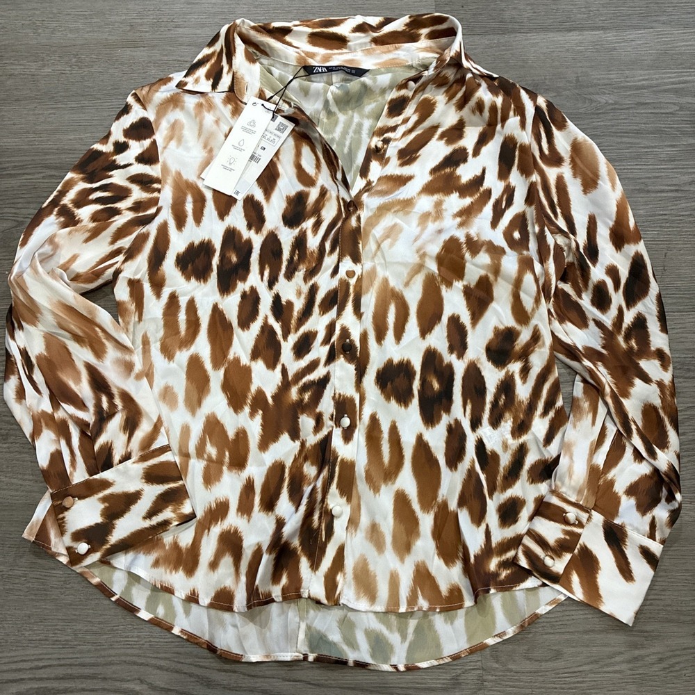 Zara Sheer Satin Animal Print Button Up Collared Blouse | Size XL | NWOT